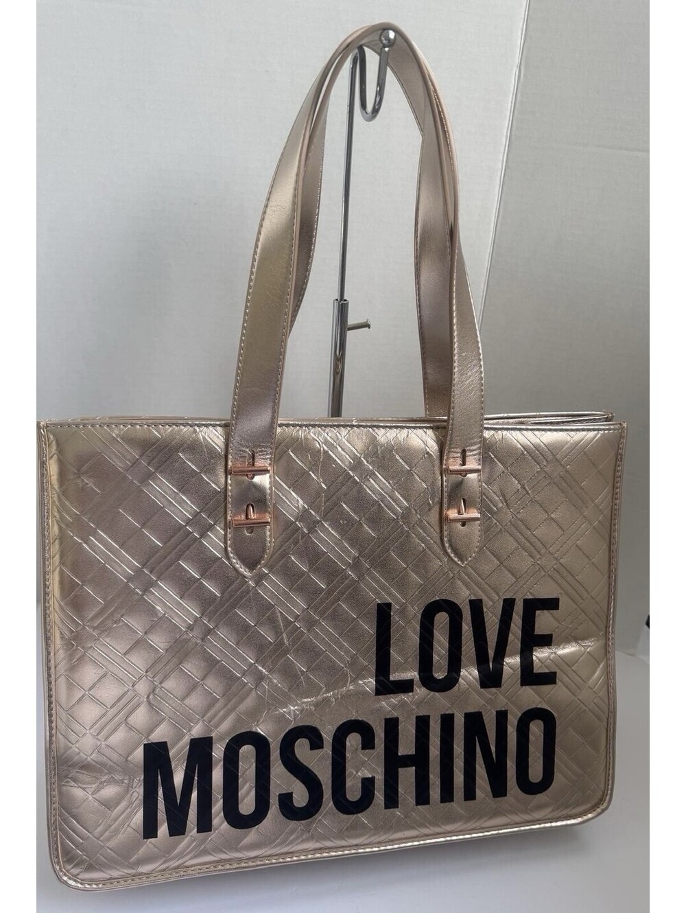 Love Moschino Quilted Logo-Print Faux Glossed-Leather Tote Bag –
